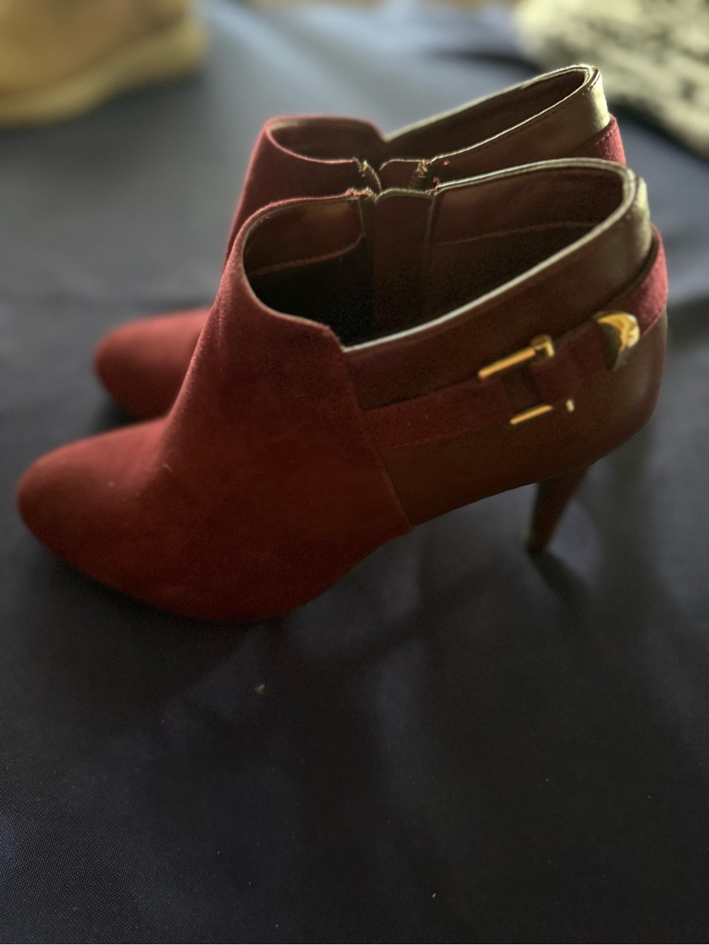 Women's Burgundy Suede Ankle Booties with Gold Buckle Detail